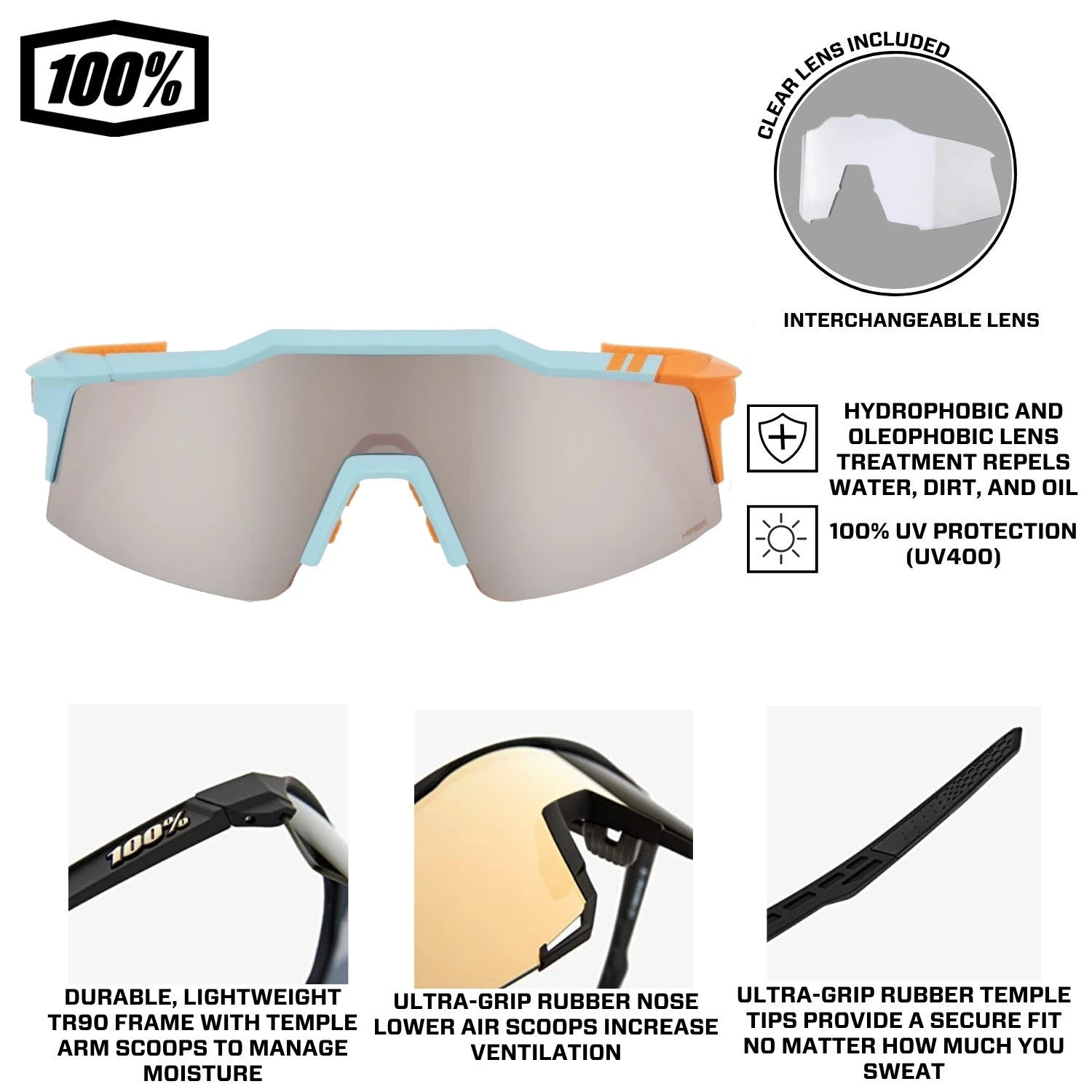 100% Speedcraft SL Performance Vented Baseball Sport Sunglasses (Soft Tact Two Tone-HiPER Silver Mirror Lens) 6 100% Speedcraft SL Performance Vented Baseball Sport Sunglasses (Soft Tact Two Tone-HiPER Silver Mirror Lens) - Image 4