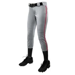 Champro Tournament Traditional Low Rise Girls Fastpitch Softball Pants W/ Braid (Gray / Scarlet)